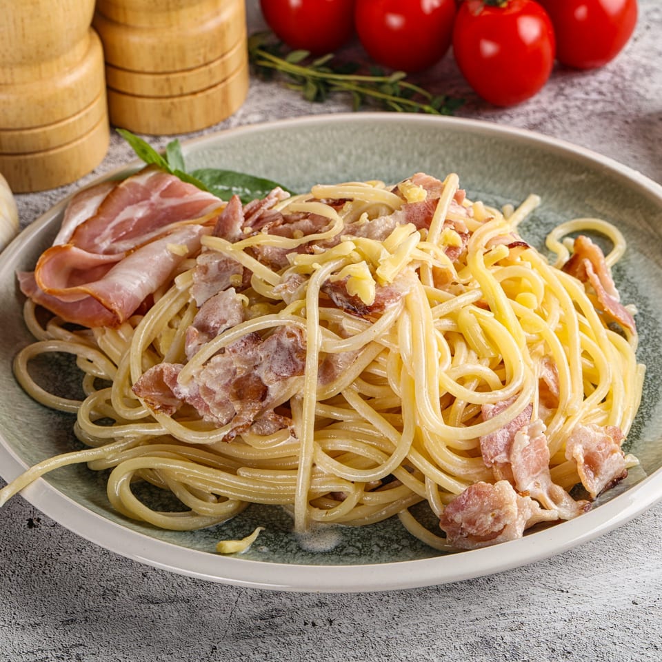 Creamy spaghetti carbonara with crispy bacon, fresh basil, and shredded cheese on a plate.