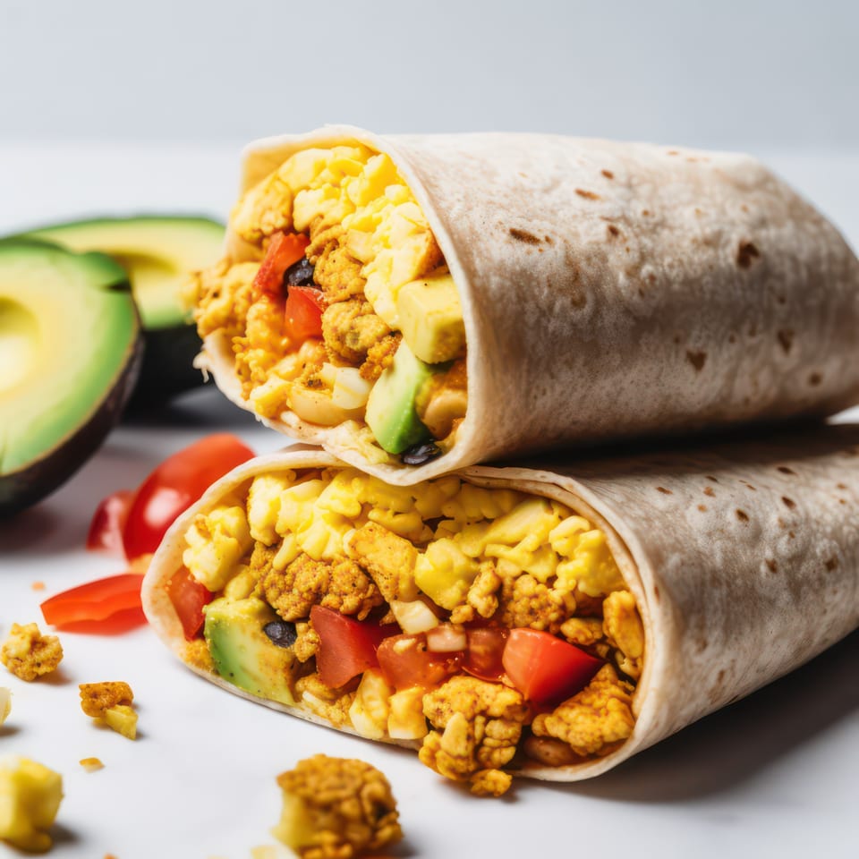 Two breakfast burritos filled with scrambled eggs, avocado, tomatoes, and black beans, with avocado halves.